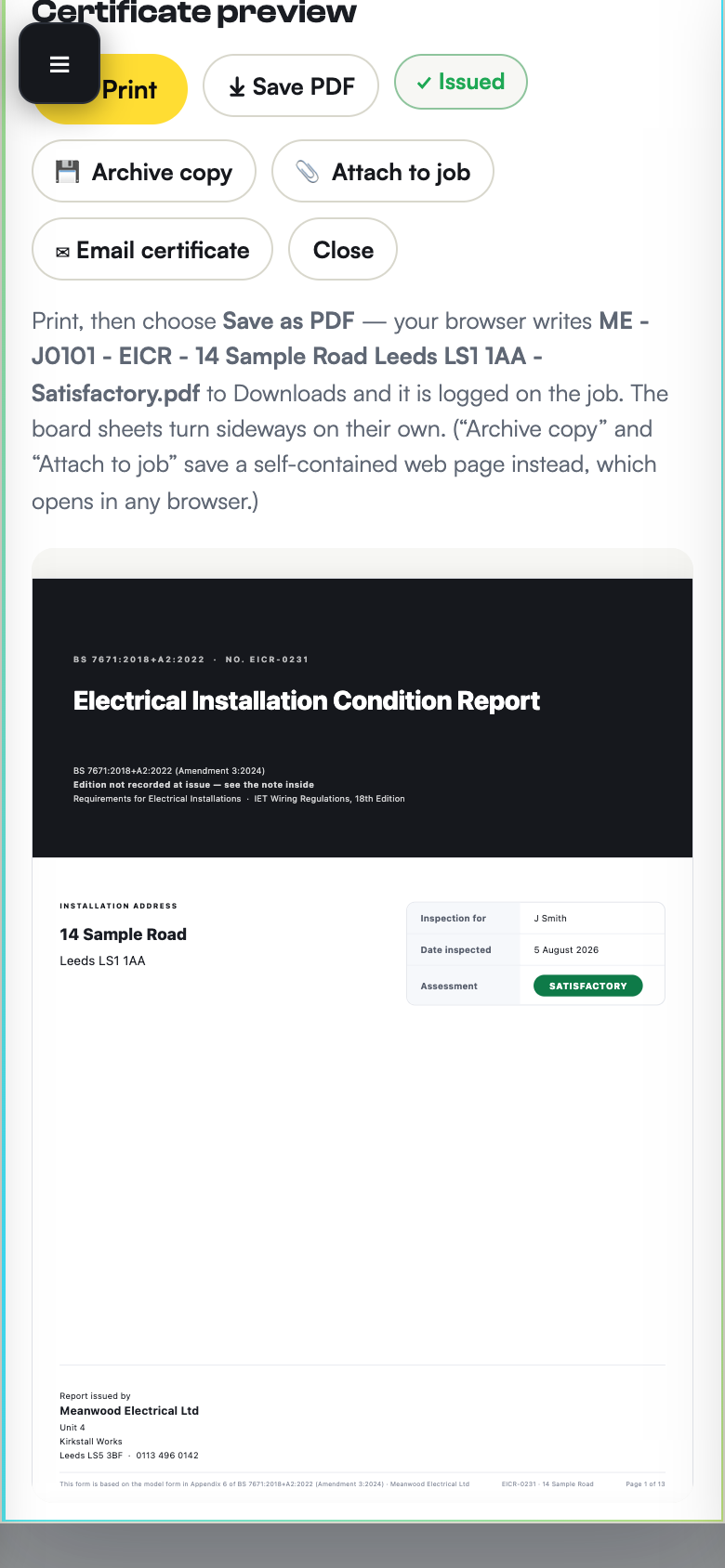 An issued Electrical Installation Condition Report previewed on the phone, assessed Satisfactory, with buttons to print, save as PDF or email the certificate.