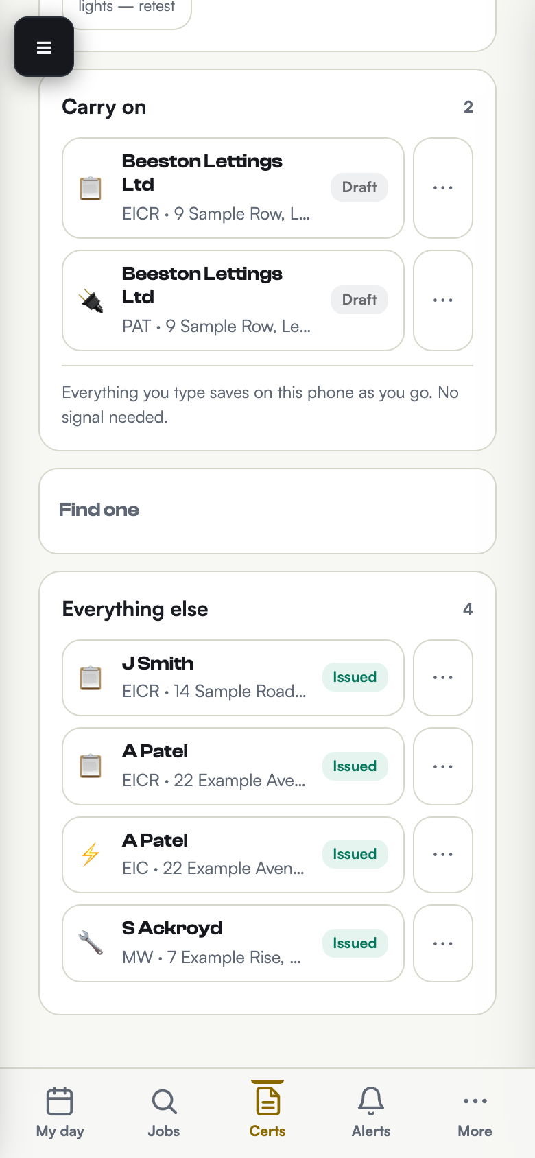 The certificates tab on the phone: two drafts to carry on with, and four issued certificates below them covering EICR, EIC, Minor Works and PAT for a demonstration business.