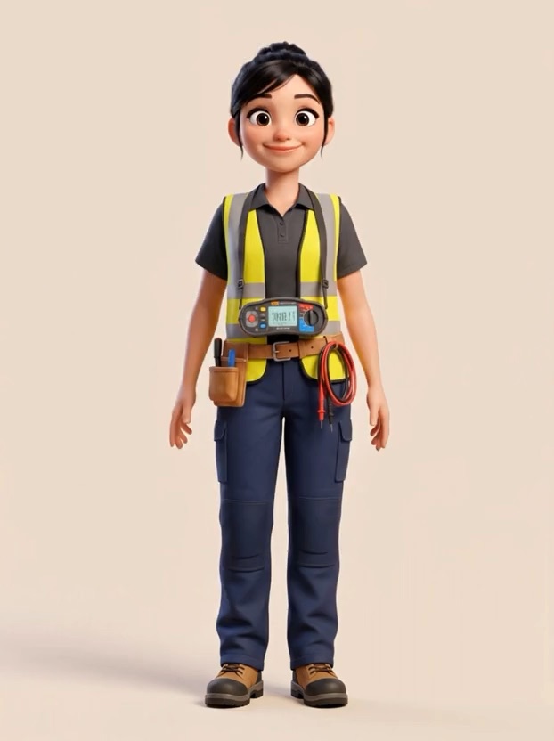 Maisie, in a hi vis vest over a work polo, with a multifunction tester on a neck strap across her chest, test leads and a tool belt.
